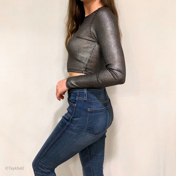 Forever 21 Metallic Silver Gray Long Sleeve Crop S - Picture 5 of 10